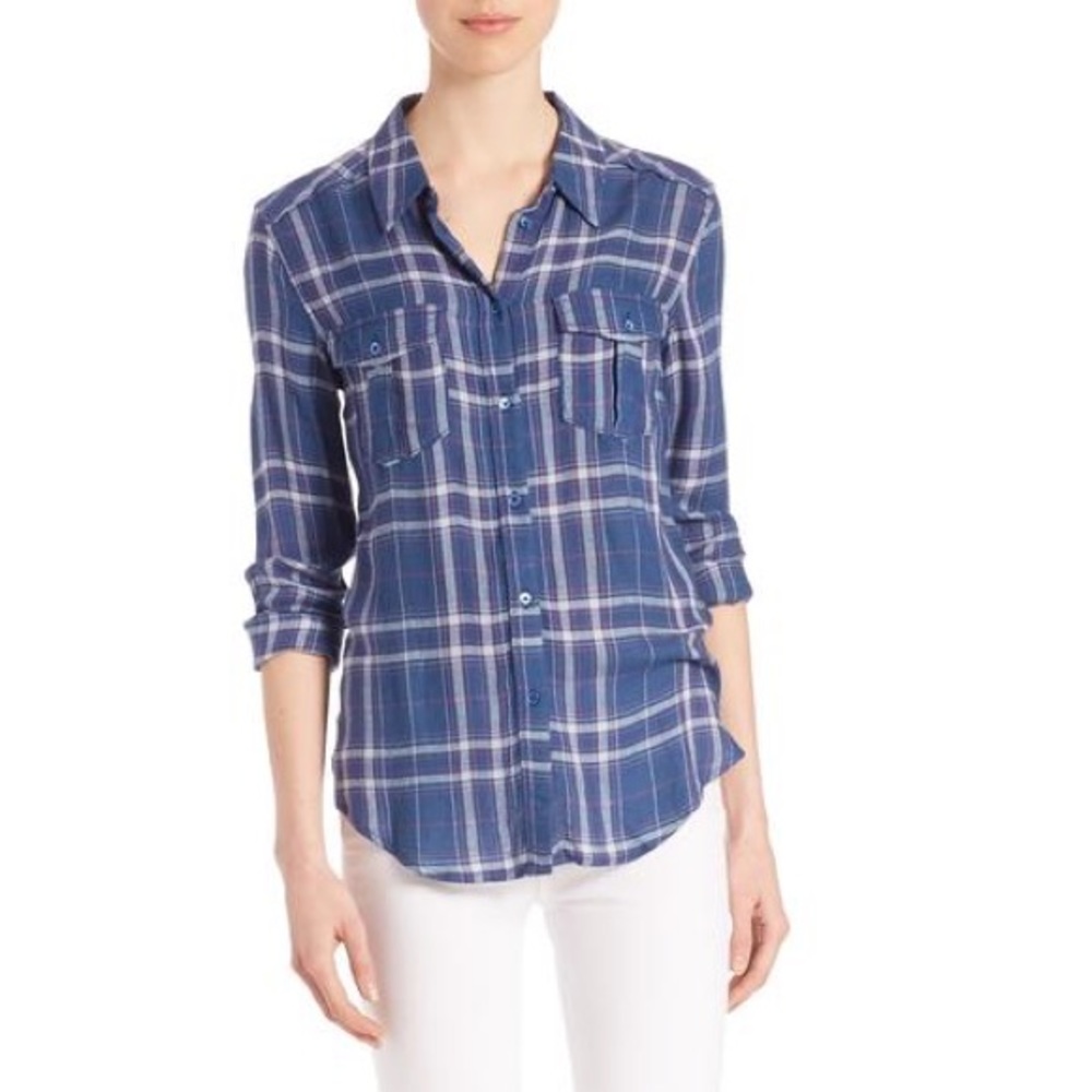 PAIGE Blue Plaid Button Up Shirt Mya Long Sleeve Top MEDIUM Western Collared